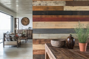 Rustic modern living area with wood paneling