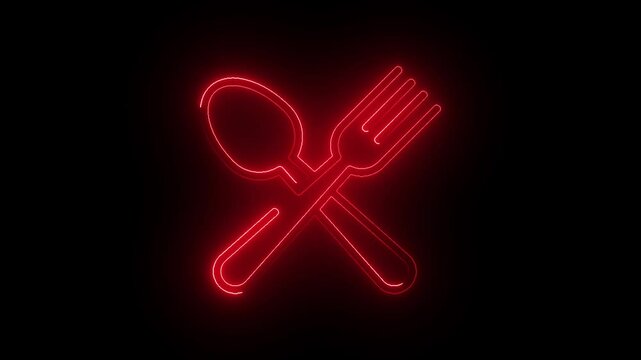 Fork and knife icon with modern neon glowing animation on black background.