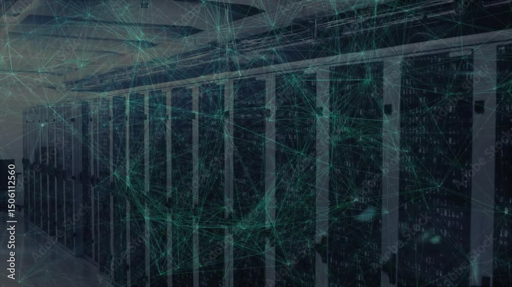 Poster green network lines starting at server fronts mapping racks, pulsing into mesh, showing data flow