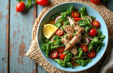 Fresh green salad with pickled anchovies cherry tomatoes lemon. Dish served in blue bowl on straw napkin old wooden background. Mediterranean appetizer culinary delight, gourmet food.