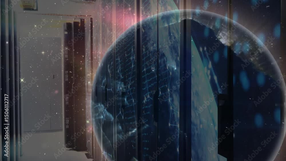 Poster 3d digital globe emerging from server racks rotating revealing continents visualizing data flow