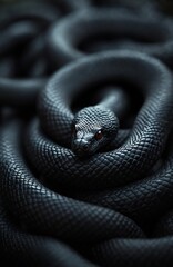 Fototapeta premium Close-up of black snakes with red eyes coiled each other. Wild animals coiled bodies, reptile scales, danger, venom, nature, snake skin texture. Wildlife animal close up.