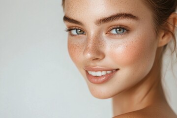 Radiant Beauty Close-Up of a Smiling Woman with Freckles and Flawless Skin, Emphasizing Natural Light and Youthful Appearance