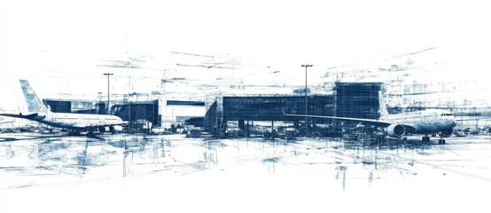 Obraz premium A modern airport terminal building's architectural blueprint is shown with a plane on the tarmac, all in 3D rendering