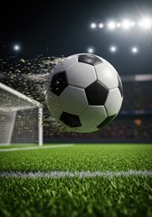 Fototapeta premium A digitally rendered soccer ball in motion with pixelated effects flies towards the goal against a stadium backdrop under stadium lights. Green grass and white lines are in the foreground.