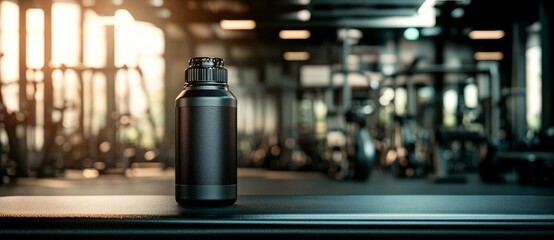 Plakat A black water bottle is sitting on a gym bench with weights blurred in the background