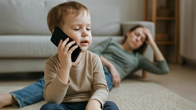 A small boy of European appearance, about 4 years old, calls the emergency service because his mother has lost consciousness. Generative AI
