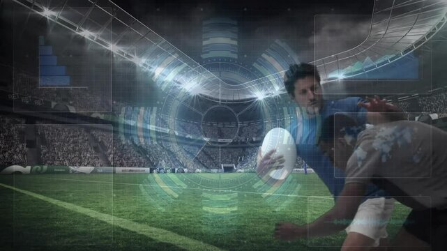 HUD overlay appearing on rugby pitch, ball carrier running, defender tackling for sports analytics - Powered by Adobe