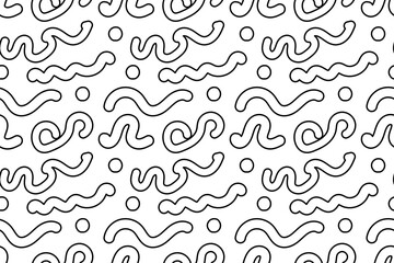 Fototapeta premium Seamless pattern, coloring page with abstract doodle shapes in wavy lines and dots. Geometric background. For entertaining kids, black and white design, DIY craft, and wrapping paper or wallpaper.