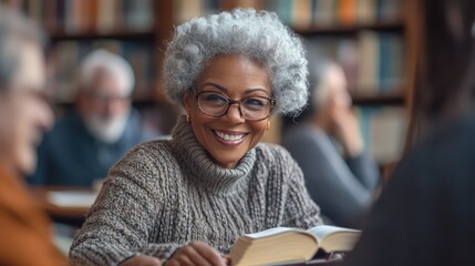 Older adults enjoying a lively book club discussion in a cozy library filled with books and warm lighting