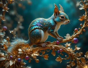 Fototapeta premium Aurelian Scurry: Squirrel of the Gilded Boughs in a Cyber-Nouveau Eden