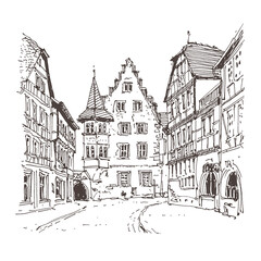 Travel sketch of Büdingen, Germany. Historical building, old medieval houses line art. Freehand drawing. Hand drawn travel postcard. Urban sketch in black color isolated on white background, ink pen.