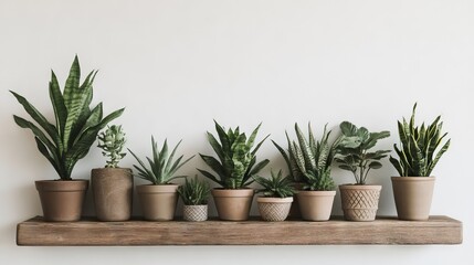 Fototapeta premium A collection of potted plants arranged on a wooden shelf.