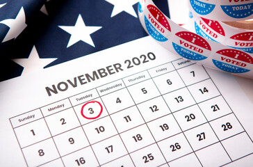 November 2020 presidential election date on calendar concept. Red white and blue colors and the...
