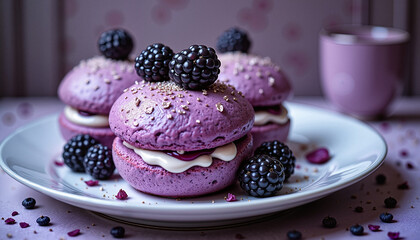 Blackberry macaron-style desserts with cream filling on plate, ideal for bakery promotion, gourmet sweets or dessert branding