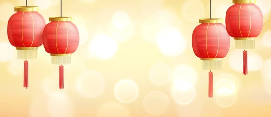 Obraz premium A festive spring setting is created by red lanterns hanging from blooming branches, showcasing Asian cultural influences, and lending themselves to various applications such as greeting cards,