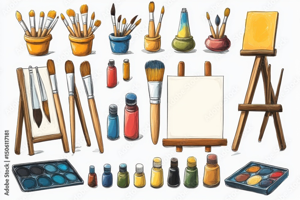 Poster art supplies laid out on a table with various brushes, paints, and easels, creating a vibrant and cr
