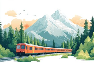 Model train travels through scenic mountains as hikers walk alongside the tracks in lush greenery during daylight hours