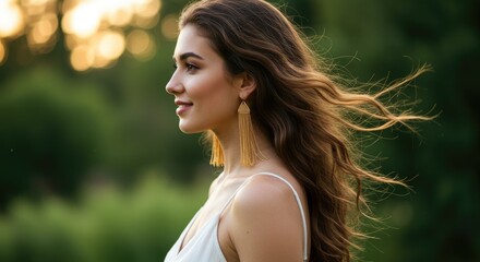 Naklejka premium Profile portrait of a young woman with flowing brown hair and gold earrings against a blurred green and yellow bokeh background captured in natural light
