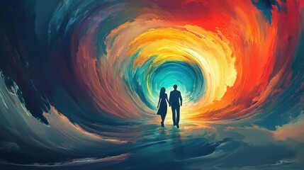 Silhouetted couple walking through a vibrant, swirling, colorful tunnel of light