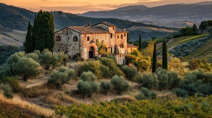 Fototapeta premium Stunning Sunset Over a Rustic Villa in the Tuscan Countryside With Rolling Hills and Olive Trees