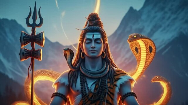 Meditative depiction of the hindu god shiva in serene mountain landscape with glowing serpent and trident