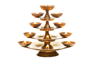 Elegant brass diya stand adorned with multiple tiers of traditional oil lamps Isolated on Transparent Background
