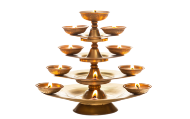 Elegant brass diya stand adorned with multiple tiers of traditional oil lamps Isolated on Transparent Background