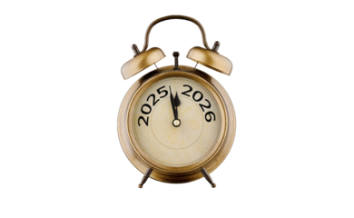 Golden alarm clock with 2025-2026 years, highlighting new year shift, on a white isolated background. Ideal for festive, time, and design concepts. (