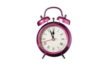 retro clock, pointer clock, pink color alarm clock on isolated white background close up