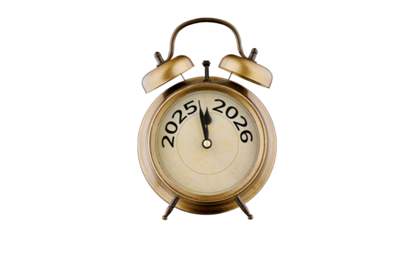 Golden alarm clock with 2025-2026 years, highlighting new year shift, on a white isolated background. Ideal for festive, time, and design concepts. (