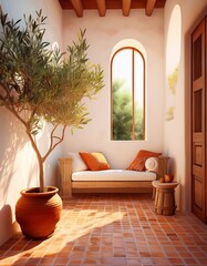 Mediterranes Wohnzimmer mit Terrakotta-Boden