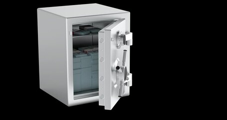 Opening and Closing Safe with Stacks of Dollar Bills, animation seamlessly loopable. 3D rendering isolated on transparent background.