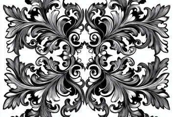 Symmetrical floral pattern with intricate details in black and white creating a decorative design