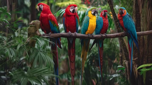 Vibrant flock of parrots perched together on a branch in a lush jungle setting, exuding tropical beauty and showcasing diverse plumage colors.