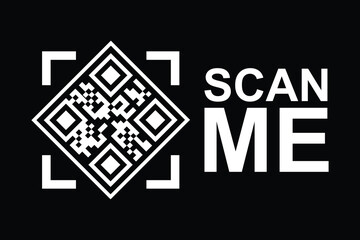 Centered black-and-white QR code with four angled white square frames, 'SCAN ME' text below. Clean, modern, minimalist design in high-contrast monochrome. Ideal for tech, marketing