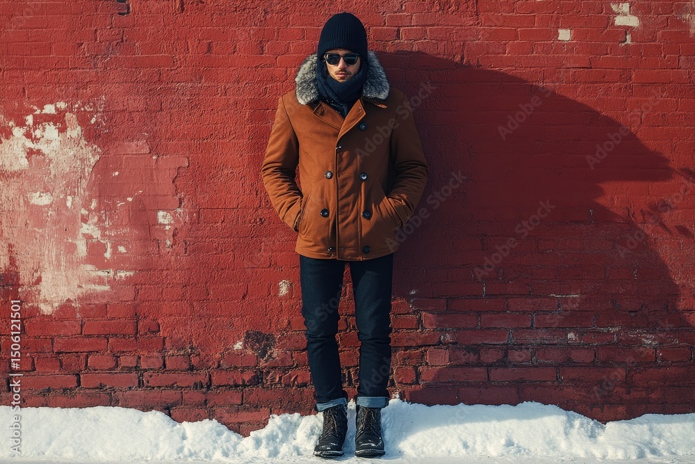 Poster winter portrait of a young man with a fur-lined jacket standing in a snowy forest with soft snowfall