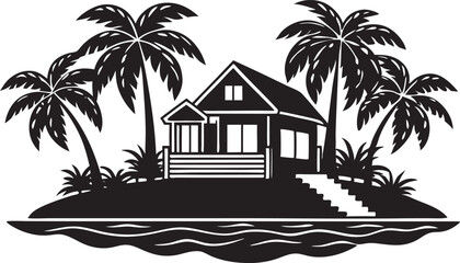 tropical island and beach house line art silhouette vector illustration on white background 