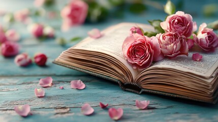 An old book with rose designs on its pages, surrounded by red and pink roses on a distressed backdrop, in rustic style with retro flair and shabby chic details.