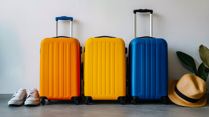 Three brightly colored suitcases (orange, yellow, and blue)