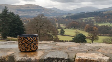 Naklejka premium Ornate ceramic cup sits on a stone wall overlooking a valley.