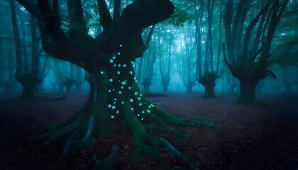 An ancient forest with colossal twisted trees