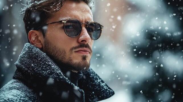 Snowy winter landscape featuring a man in an orange coat with a fur-lined hood, captured in a serene environment during a snowstorm - Powered by Adobe