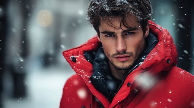 Snowy winter landscape featuring a man in an orange coat with a fur-lined hood, captured in a serene environment during a snowstorm