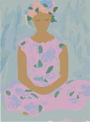 Painting, hand painted, peace, silence, relax, meditation, woman meditating, seated pose, yoga, pastel colors, pink, lilac, blue, soft, calm, minimalist, modern, abstract, background, graphic element