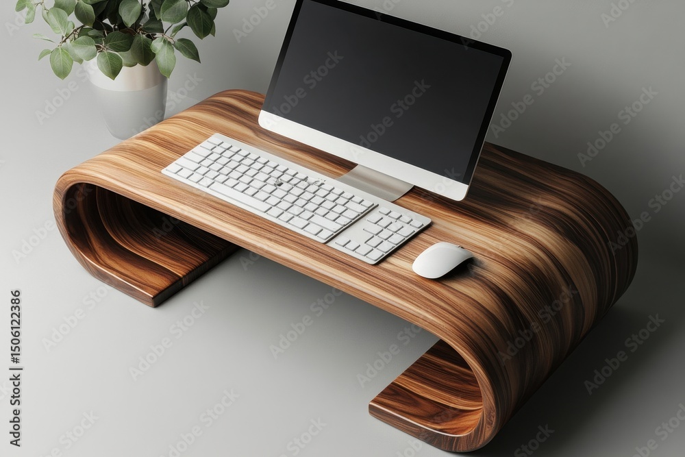 Poster Modern wooden desk with sleek design featuring a computer setup and minimalist keyboard, perfect for a home office or workspace in a contemporary setting