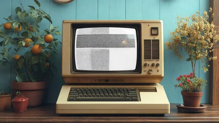 A vintage desktop computer sits on a wooden desk surrounded by plants and office supplies, evoking nostalgia for old technology in a warm, retro workspace