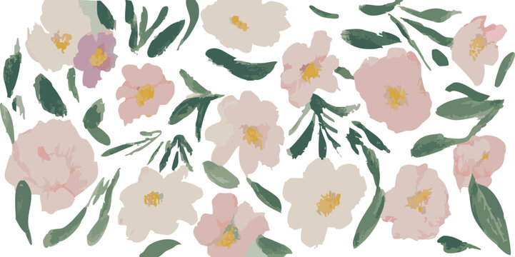 Painting background, flowers vintage bohemian boho floral feminine gouache acrylic art vector illustration femininity peace calm quaint backdrop