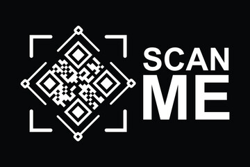 Obraz premium Centered black-and-white QR code with four angled white square frames, 'SCAN ME' text below. Clean, modern, minimalist design in high-contrast monochrome. Ideal for tech, marketing