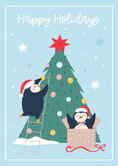 Cute Hand Drawn Christmas Card with Funny Penguins and Christmas Tree. Fun Winter Holiday Illustration for Seasonal Greetings